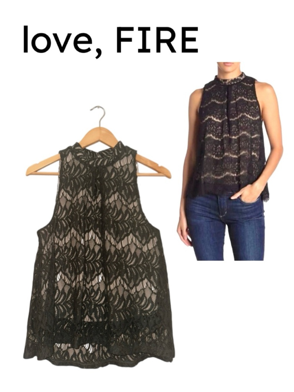 LOVE, FIRE Green Lace Overlay Halter Top Sleeveless Blouse Lined High-Neck Wmn M